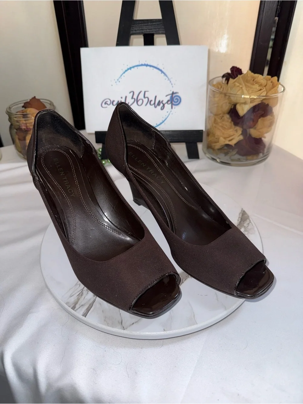 Ellen Tracy Dark Brown Peep-Toe Wedge Heels